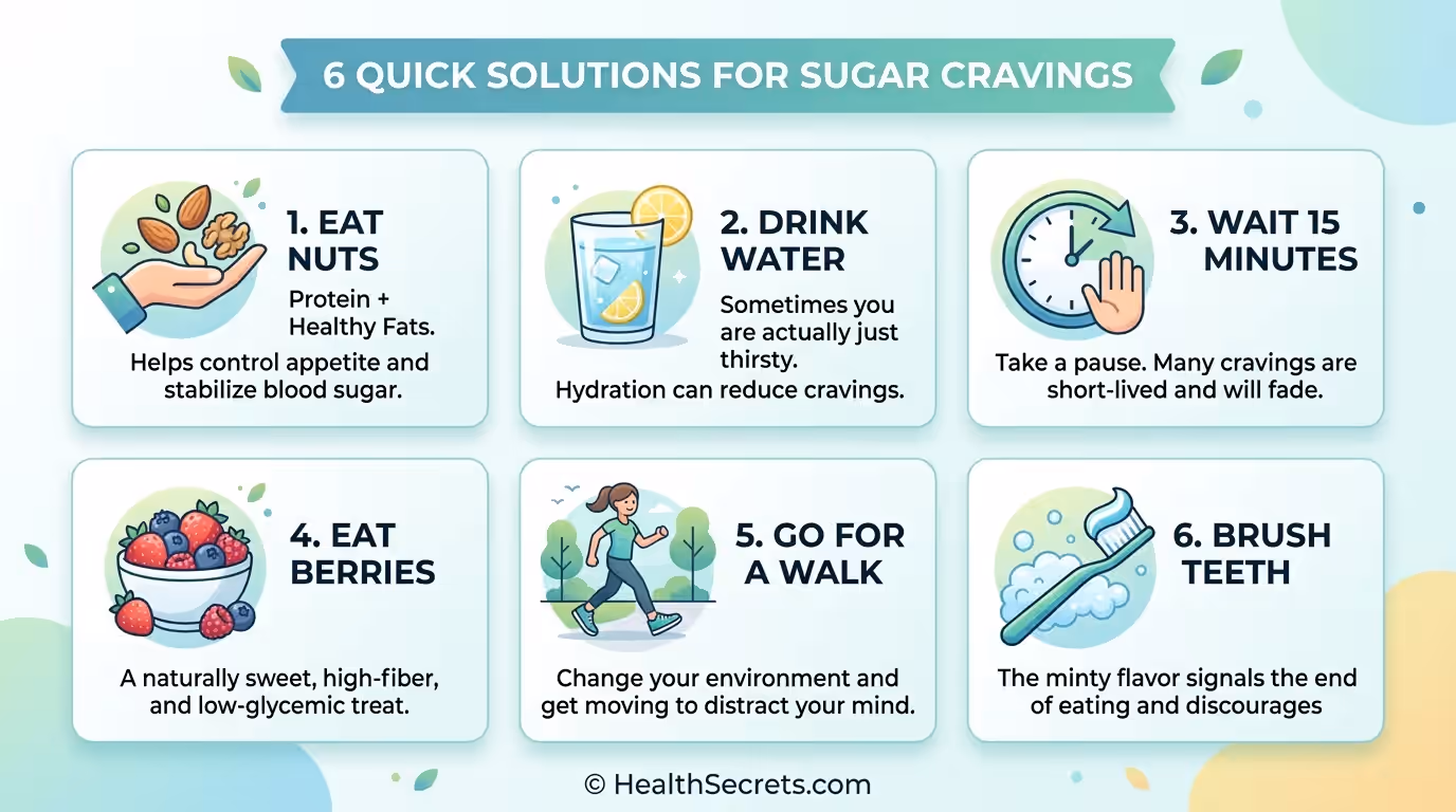 Visual guide showing six quick solutions for sugar cravings during a sugar elimination