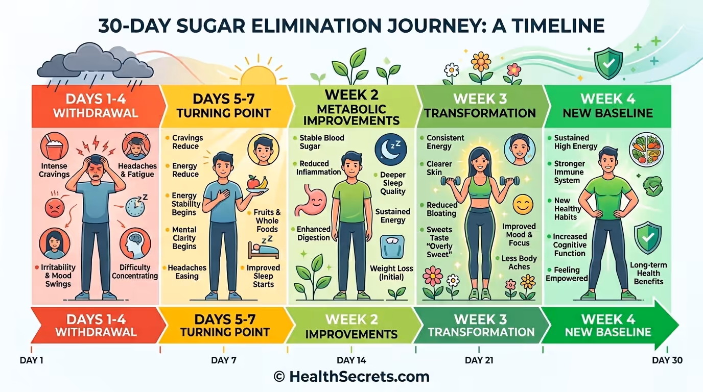 30-day timeline showing sugar elimination phases from withdrawal to transformation with symptoms and improvements