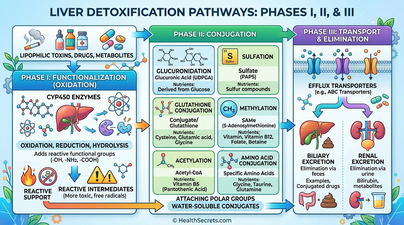 Liver detoxification three phases diagram showing cytochrome P450 enzymes, conjugation pathways, and elimination routes