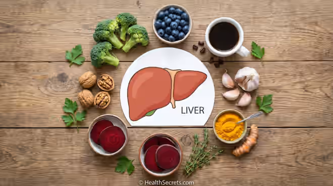 Science-based liver detox support foods including cruciferous vegetables, berries, and coffee