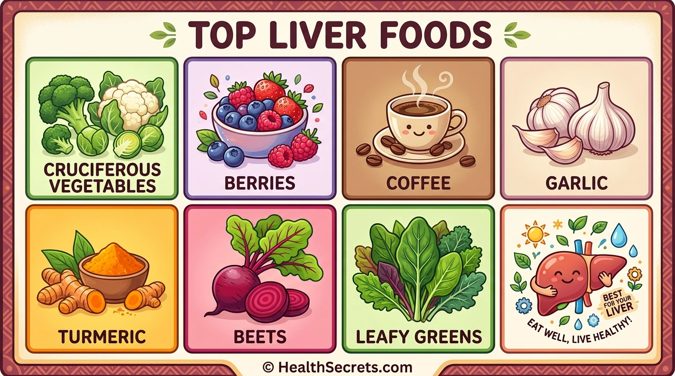 Top liver-supporting foods grid including broccoli, blueberries, coffee, garlic, and turmeric