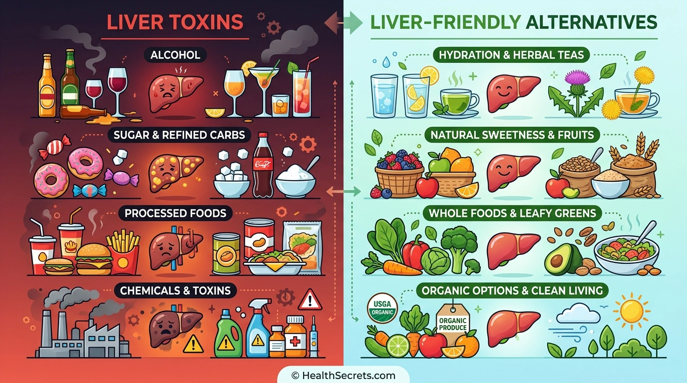 Liver toxins to avoid versus liver-friendly alternatives side-by-side comparison