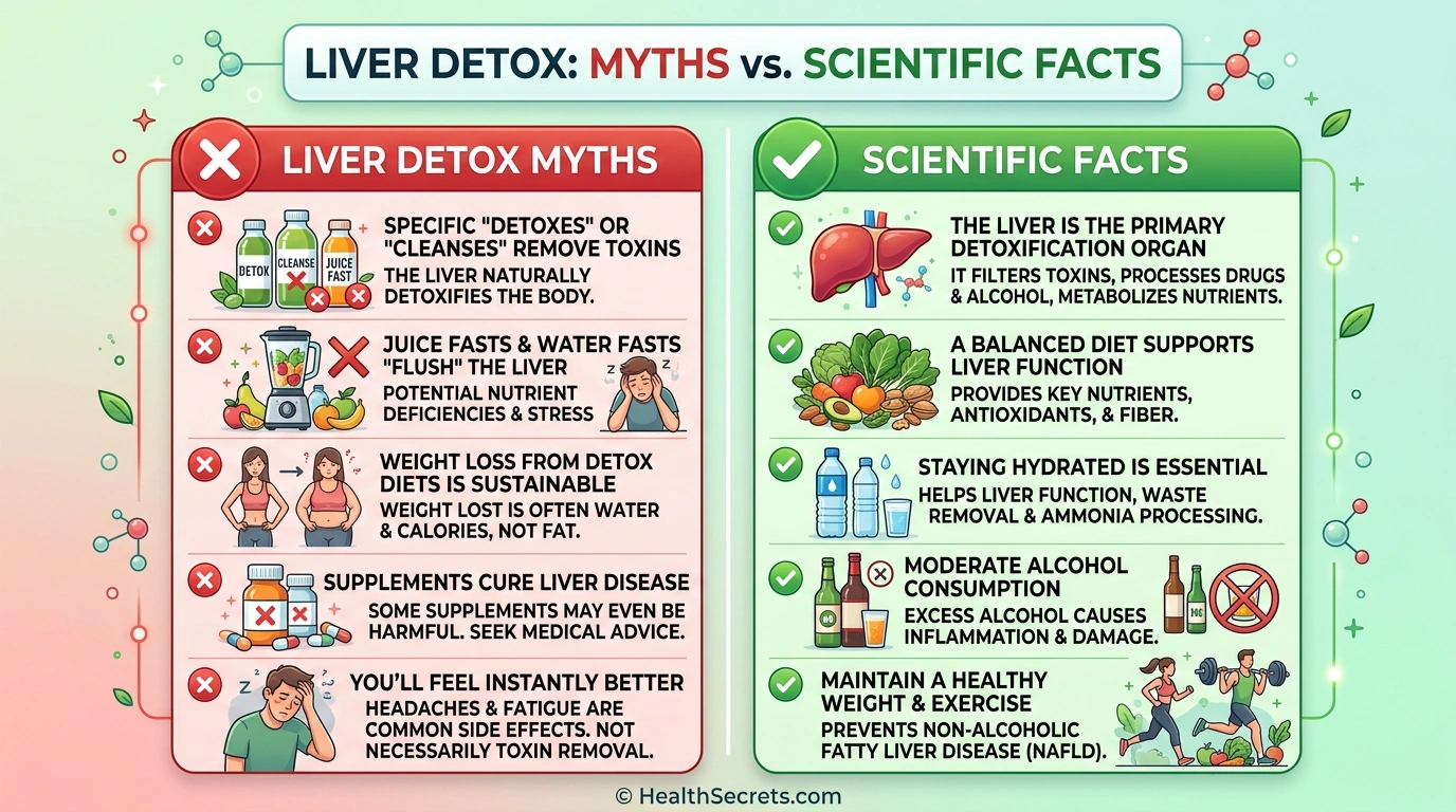 Liver detox myths versus facts comparison showing what works and what doesn't