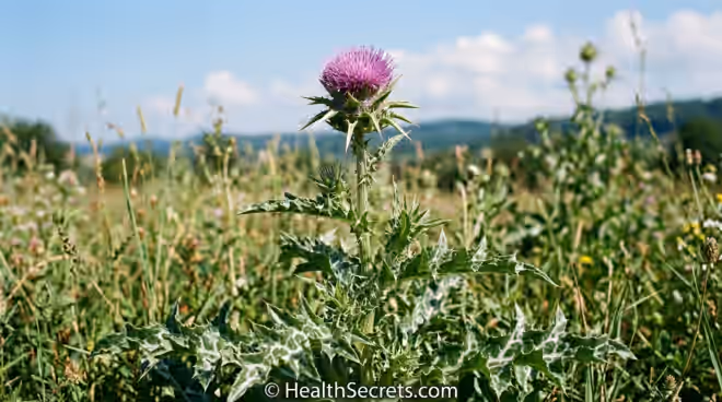 Milk thistle plant Silybum marianum with purple flower used for liver health supplements