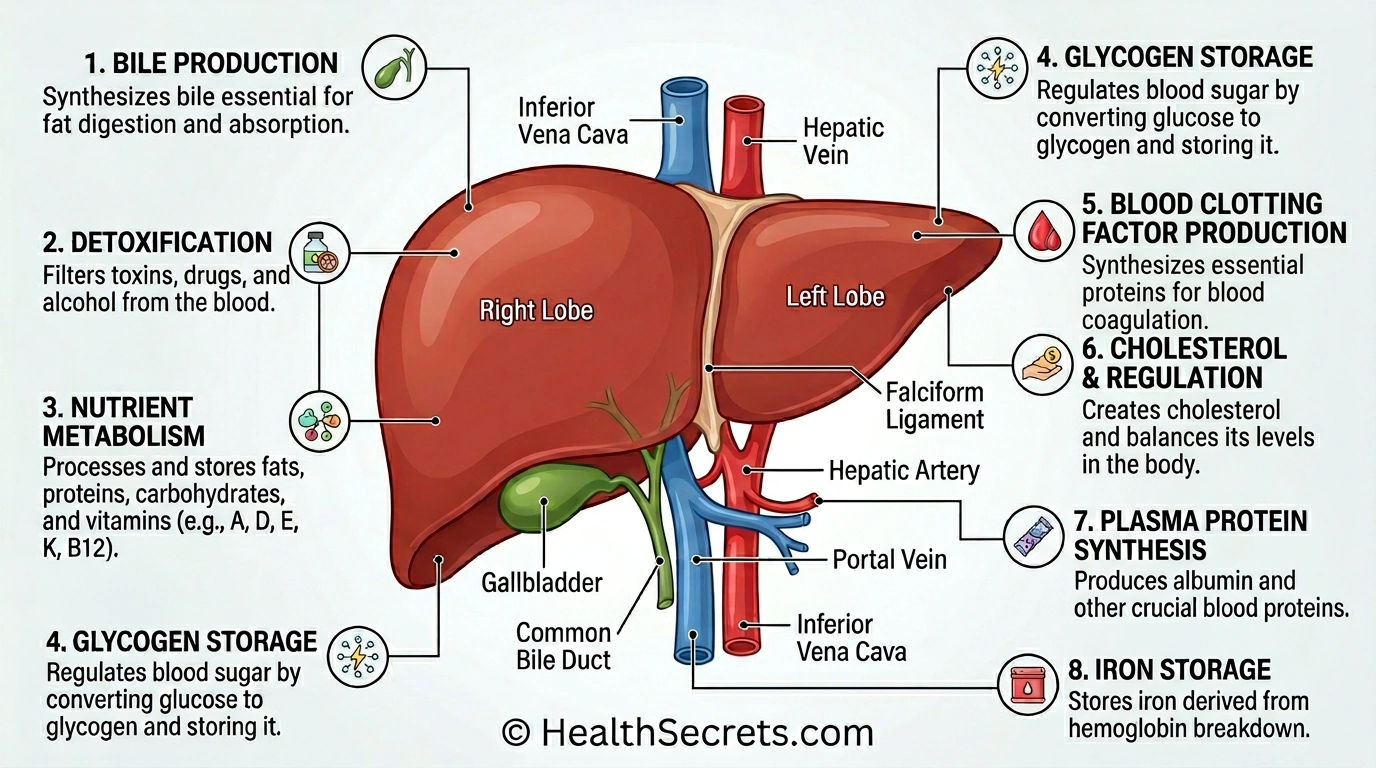 Human liver anatomy showing where silymarin from milk thistle provides protection