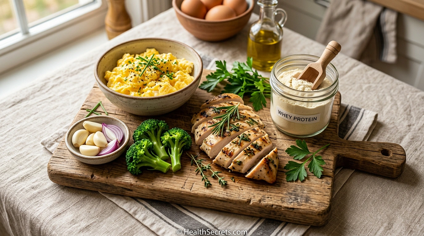 Cysteine-rich foods for glutathione support including eggs chicken garlic broccoli onions and whey protein