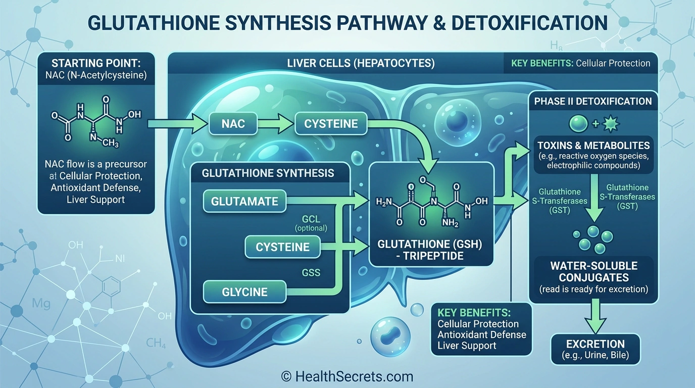 Infographic showing NAC to cysteine to glutathione synthesis pathway for liver Phase II detoxification