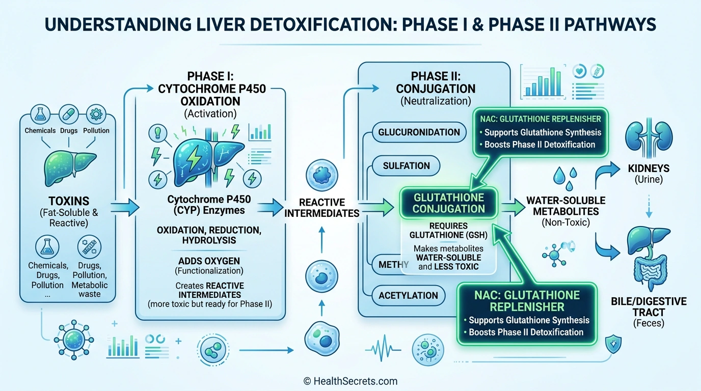Liver detoxification phases diagram showing Phase I oxidation and Phase II glutathione conjugation supported by NAC