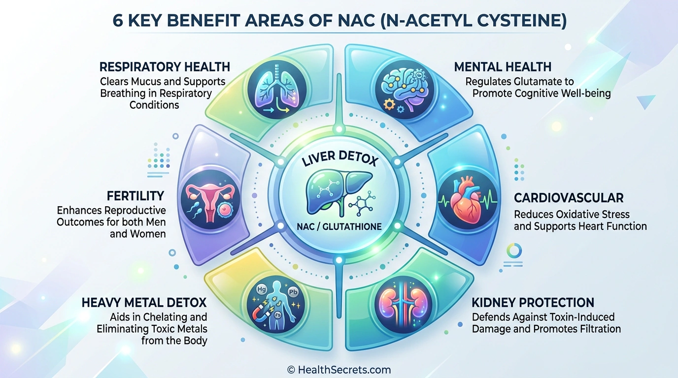 NAC benefits overview infographic showing liver detox respiratory mental health cardiovascular kidney and fertility support