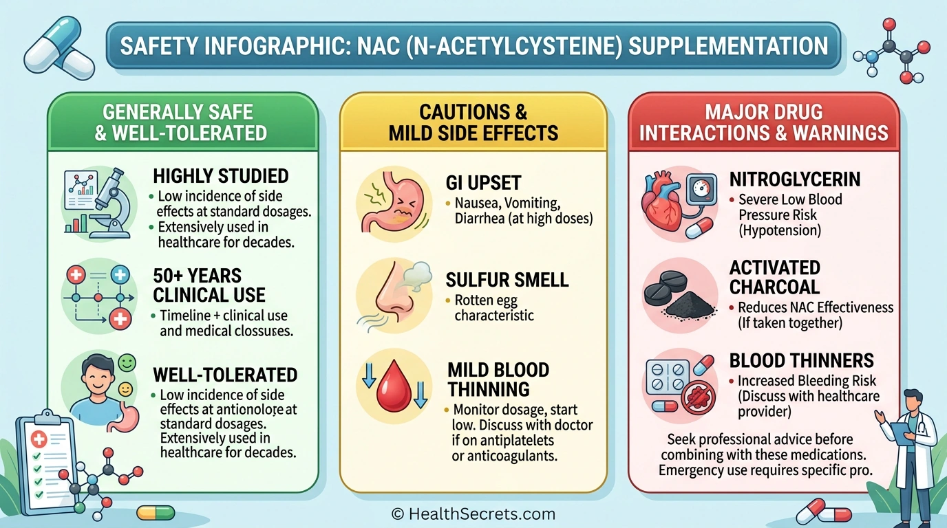 NAC safety and drug interactions infographic showing safe use guidelines cautions and medication interactions