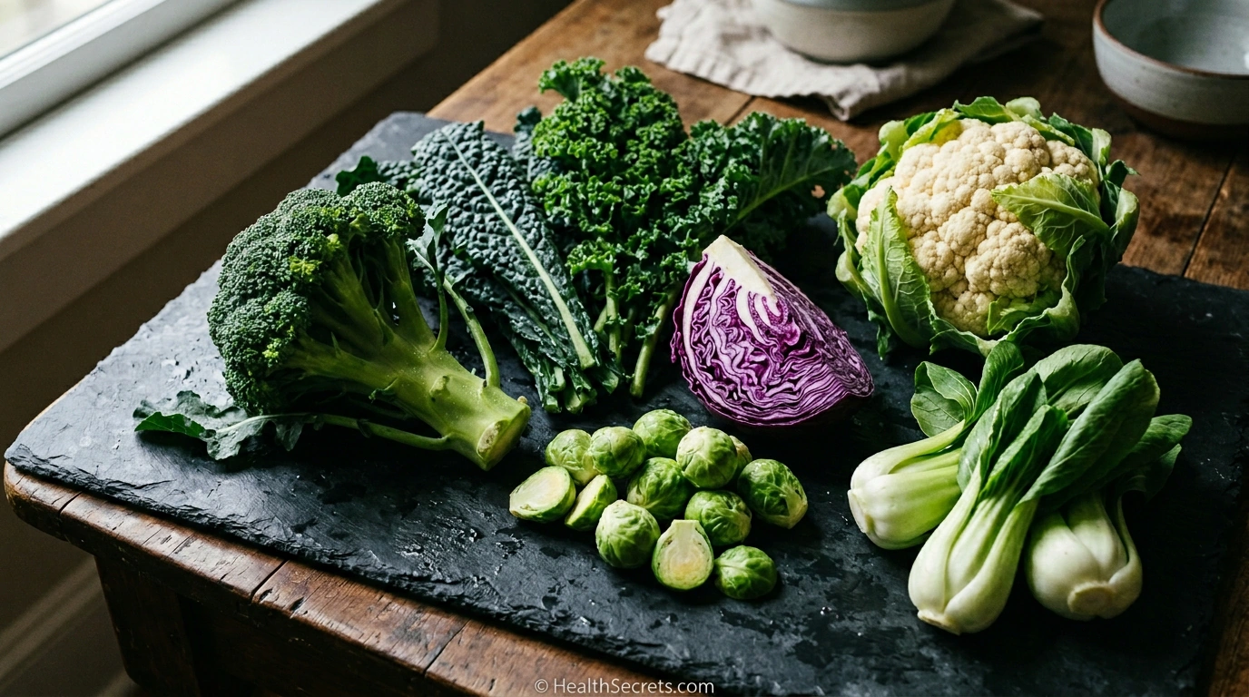 Cruciferous vegetables including broccoli, Brussels sprouts, kale, and cauliflower that support liver detoxification