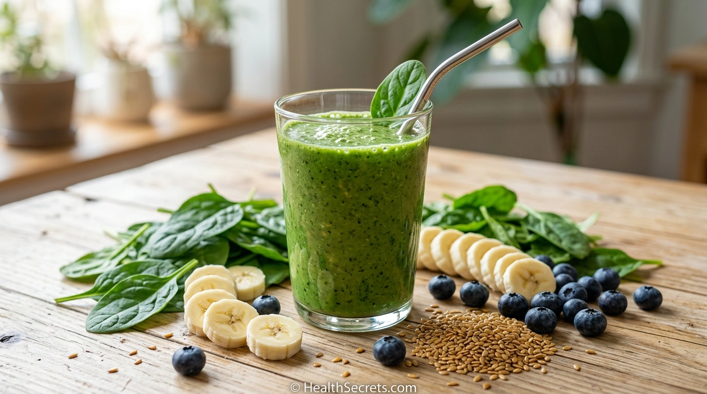 Green detox smoothie with spinach, banana, blueberries and flax seeds for a cleanse diet breakfast