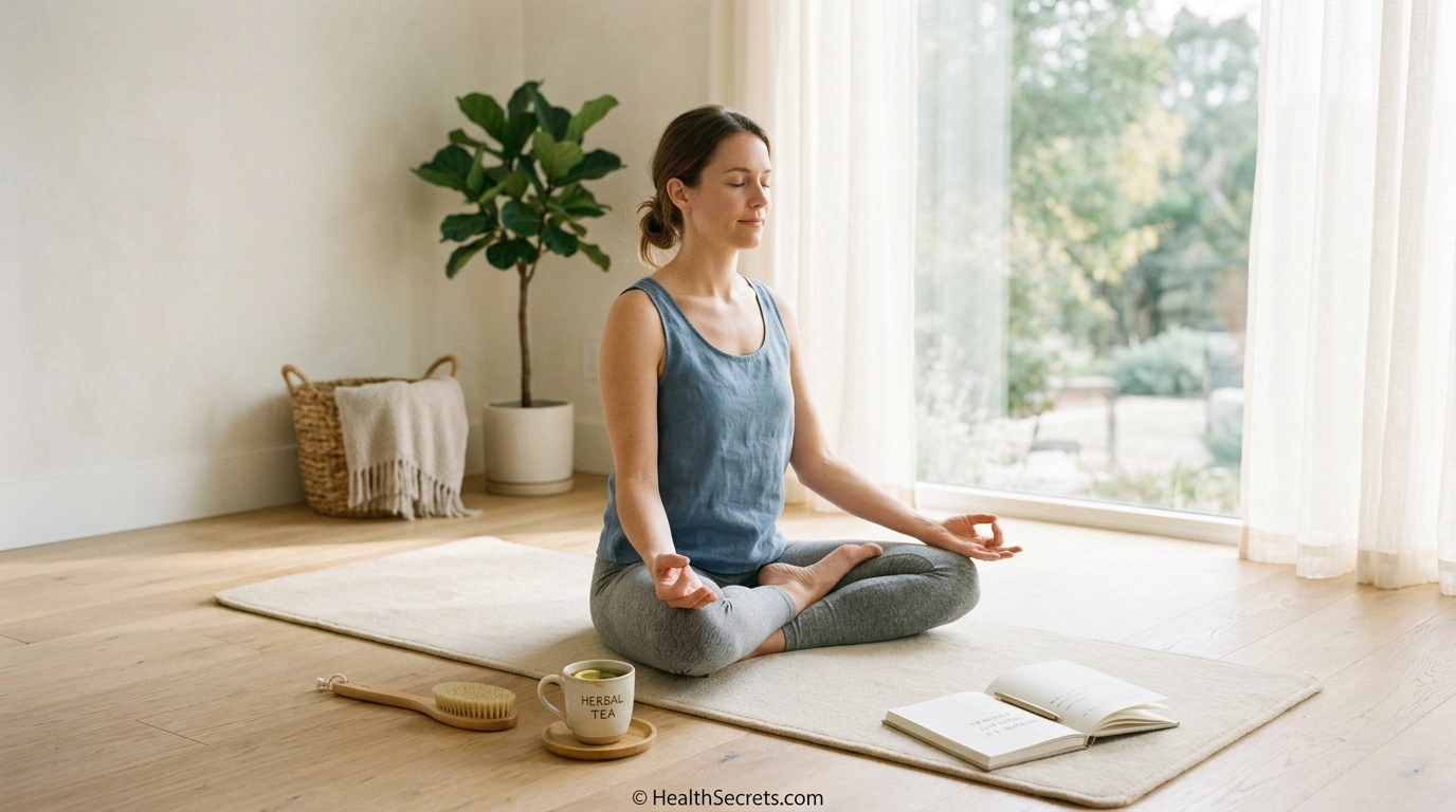 Lifestyle support for detox diet including yoga, dry brushing, herbal tea, and journaling