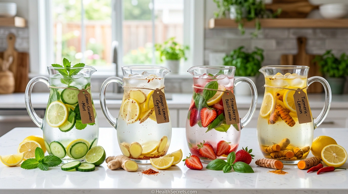 Four detox water recipes with lemon cucumber mint, ginger cayenne, strawberry basil, and turmeric infusions