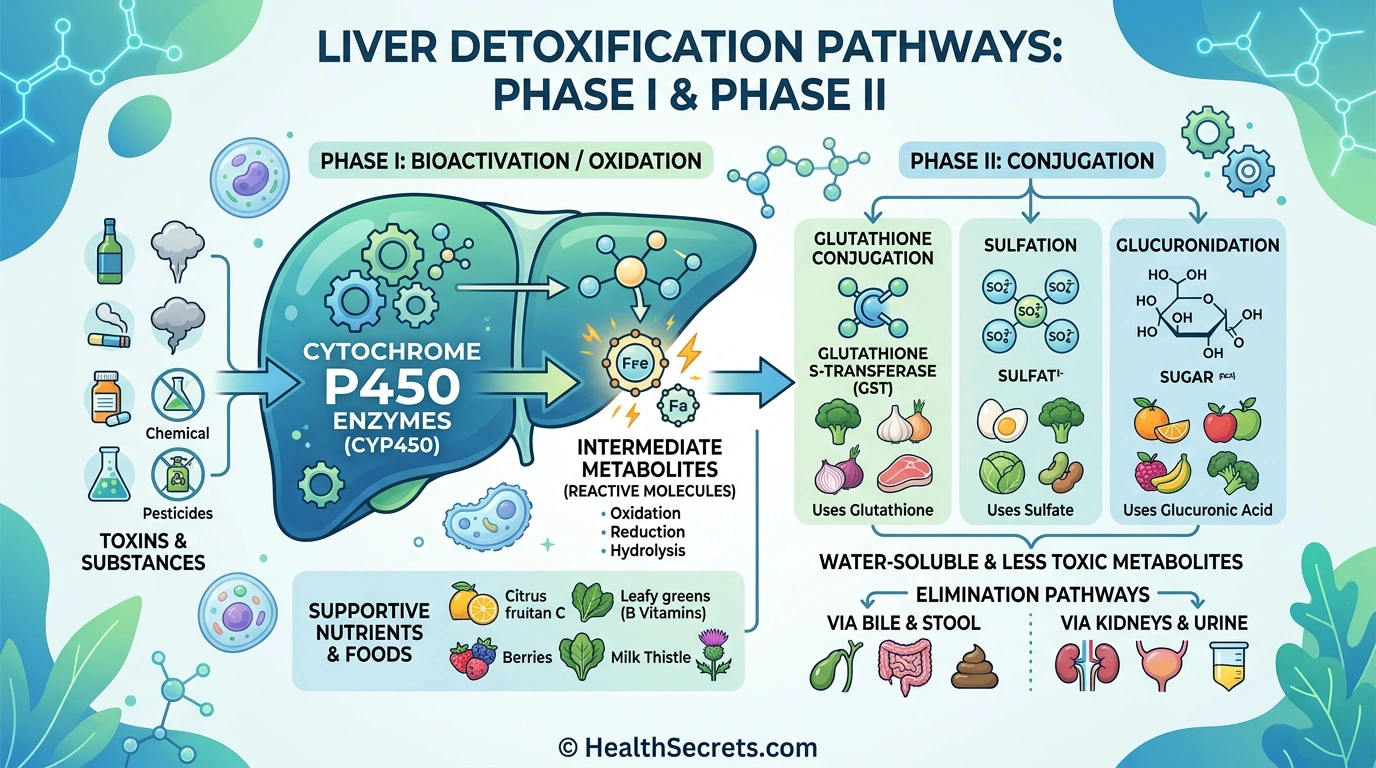 Infographic showing liver Phase I and Phase II detoxification pathways and the foods that support each phase