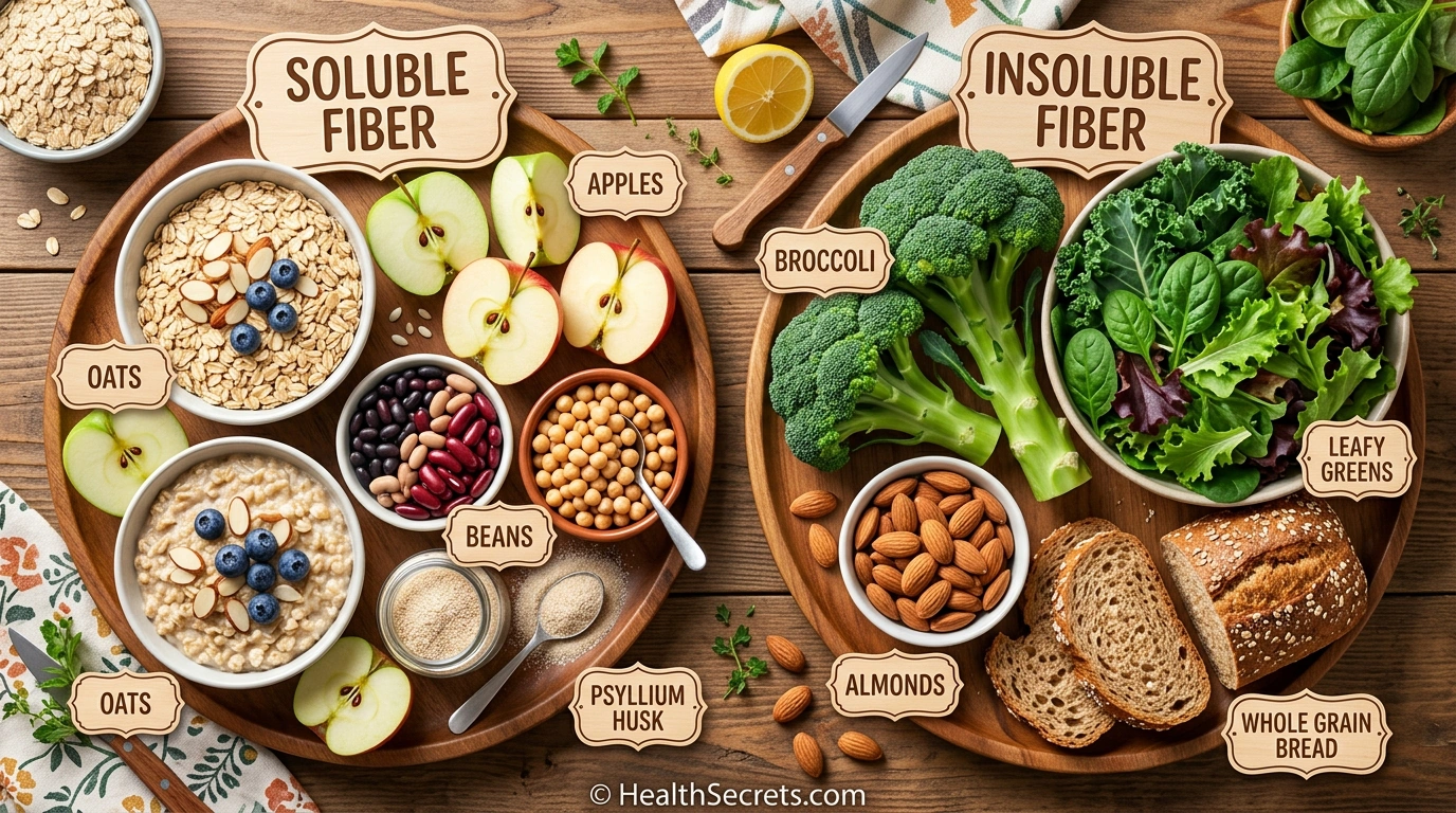 Soluble and insoluble fiber food sources for gut detox including oats, apples, beans, vegetables, and whole grains