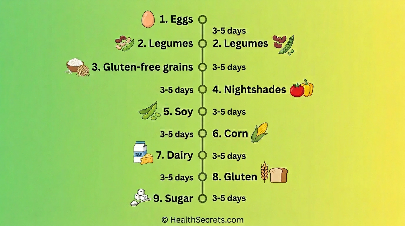 Food reintroduction order chart for elimination diet showing 9 food groups to test over 3-5 day intervals
