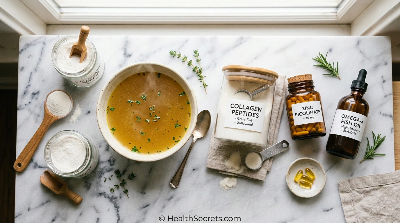 L-glutamine powder, bone broth, collagen peptides, and gut repair supplements for digestive detox protocol