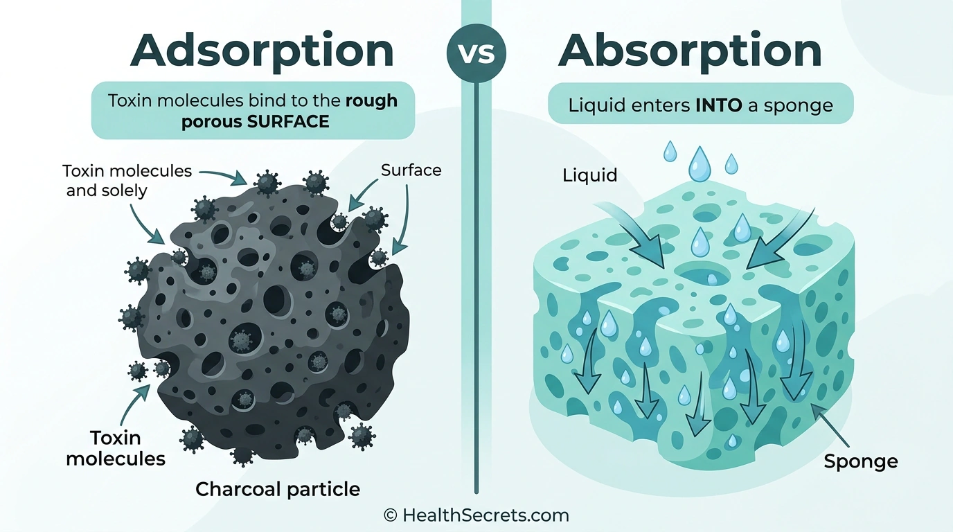Infographic explaining the difference between adsorption and absorption showing how activated charcoal binds toxins to its surface