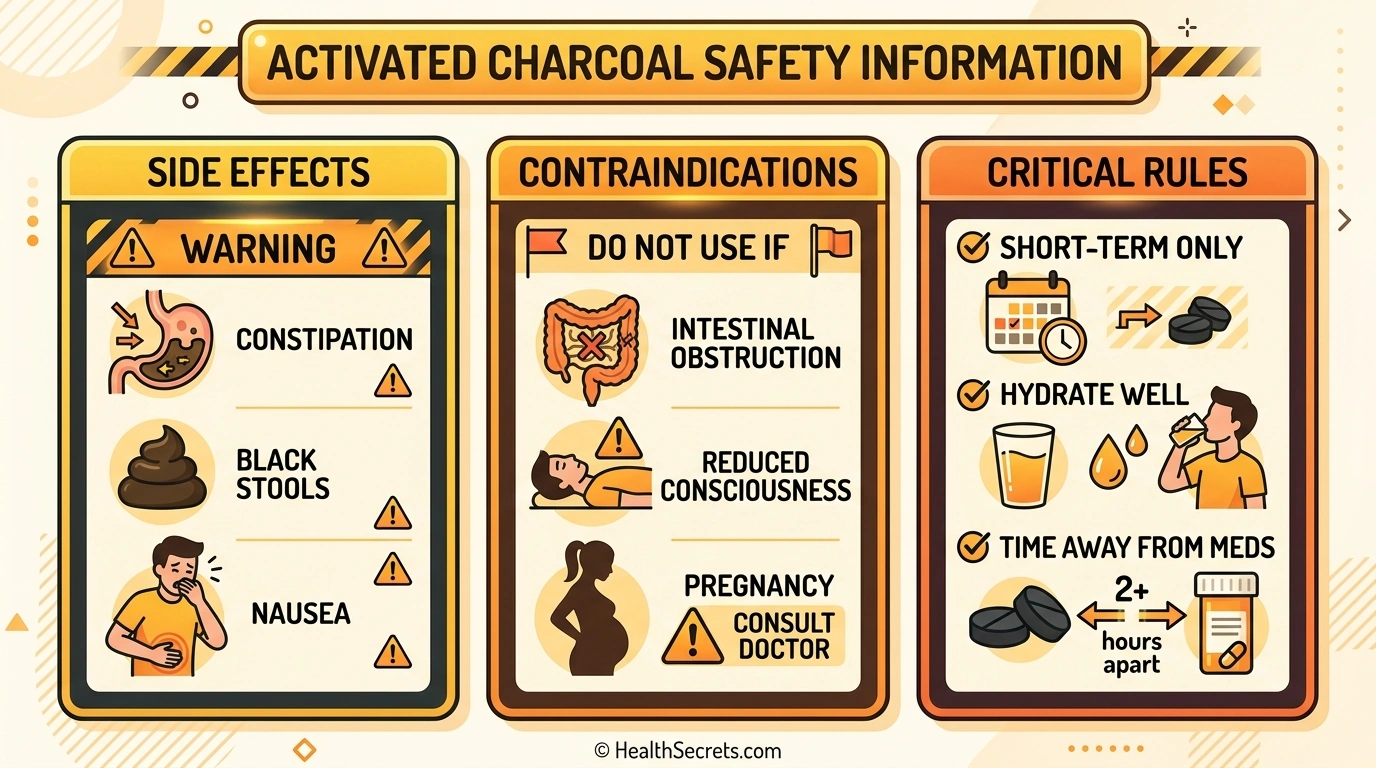 Safety infographic for activated charcoal showing side effects contraindications and critical usage rules