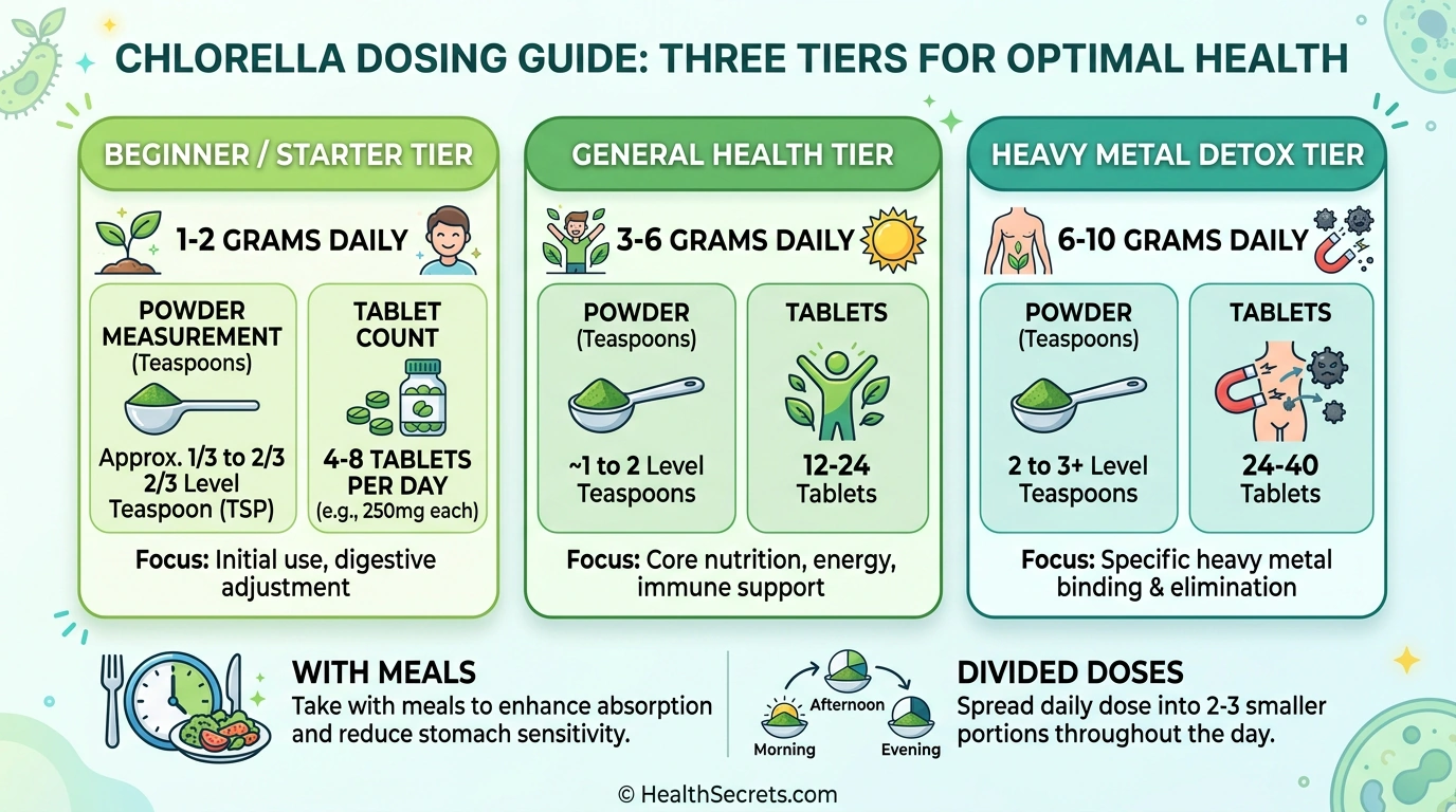 Chlorella dosing guide infographic showing recommended daily doses for beginners general health and detox protocols