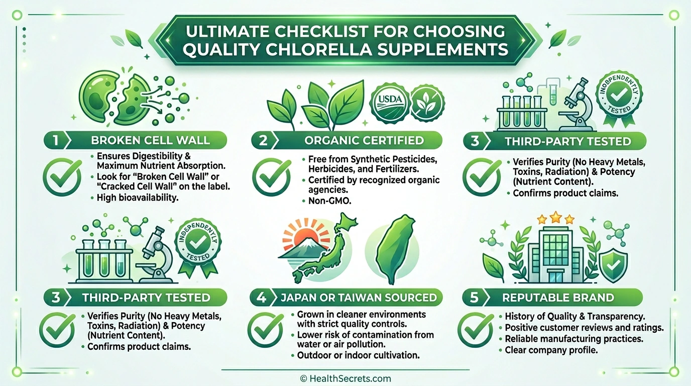 Quality checklist for choosing chlorella supplements including broken cell wall organic certification and third-party testing