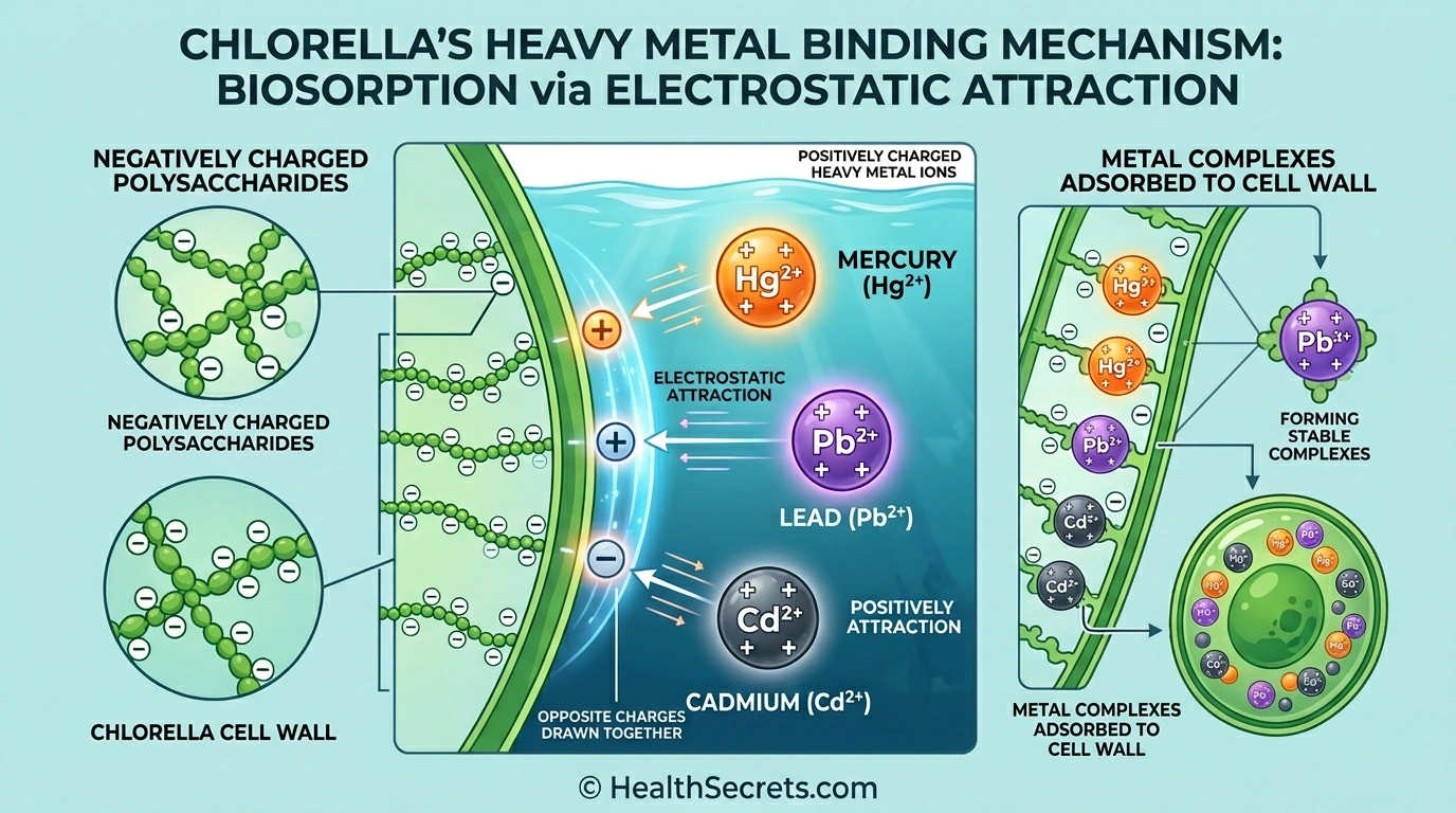 Infographic explaining how chlorella cell wall polysaccharides bind heavy metals through electrostatic attraction