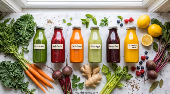 Six colorful fresh-pressed vegetable and fruit juices in glass bottles surrounded by whole produce for a juice cleanse guide