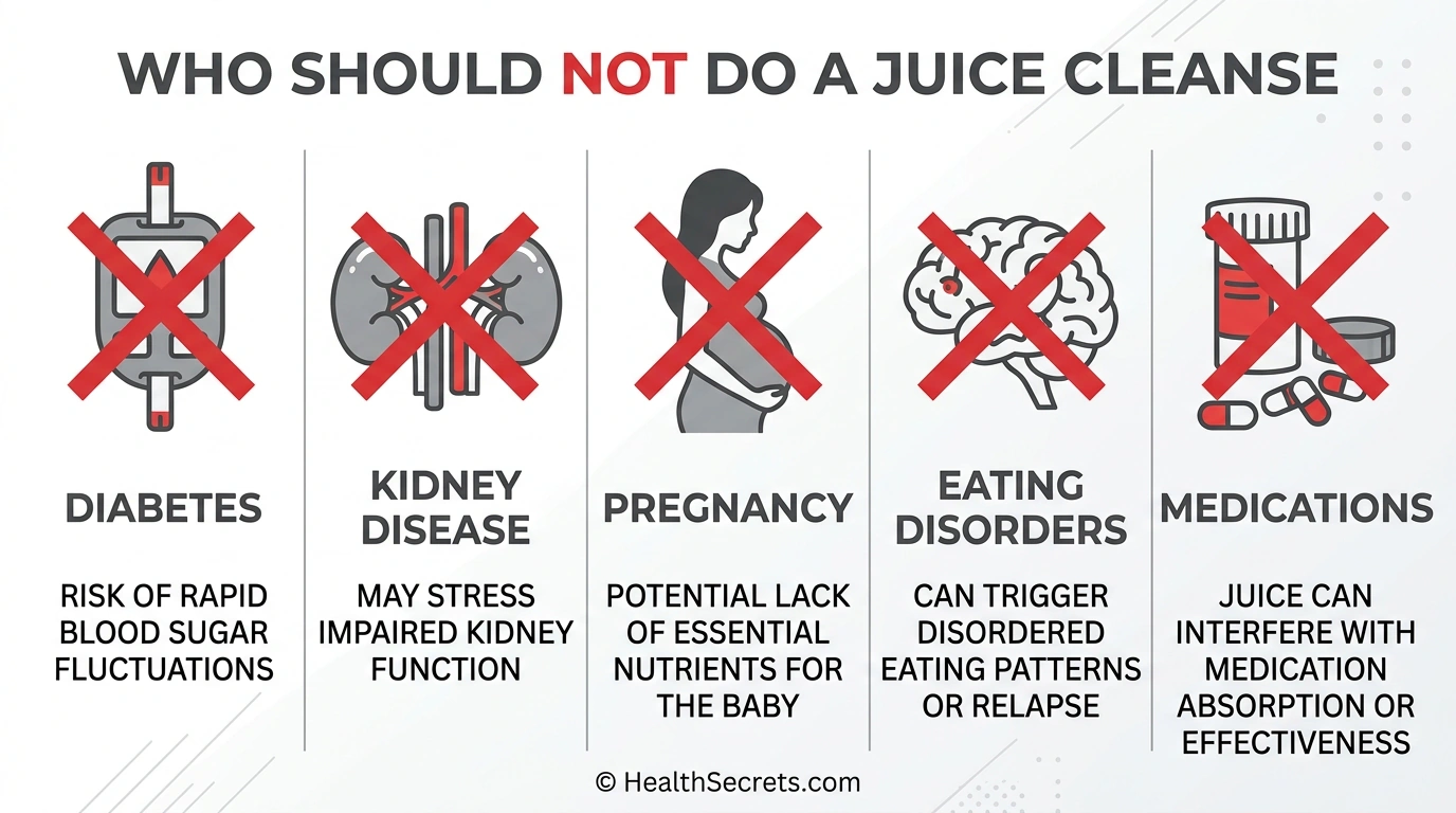 Infographic showing five groups who should not attempt a juice cleanse including people with diabetes, kidney disease, pregnancy, eating disorders, and those on certain medications