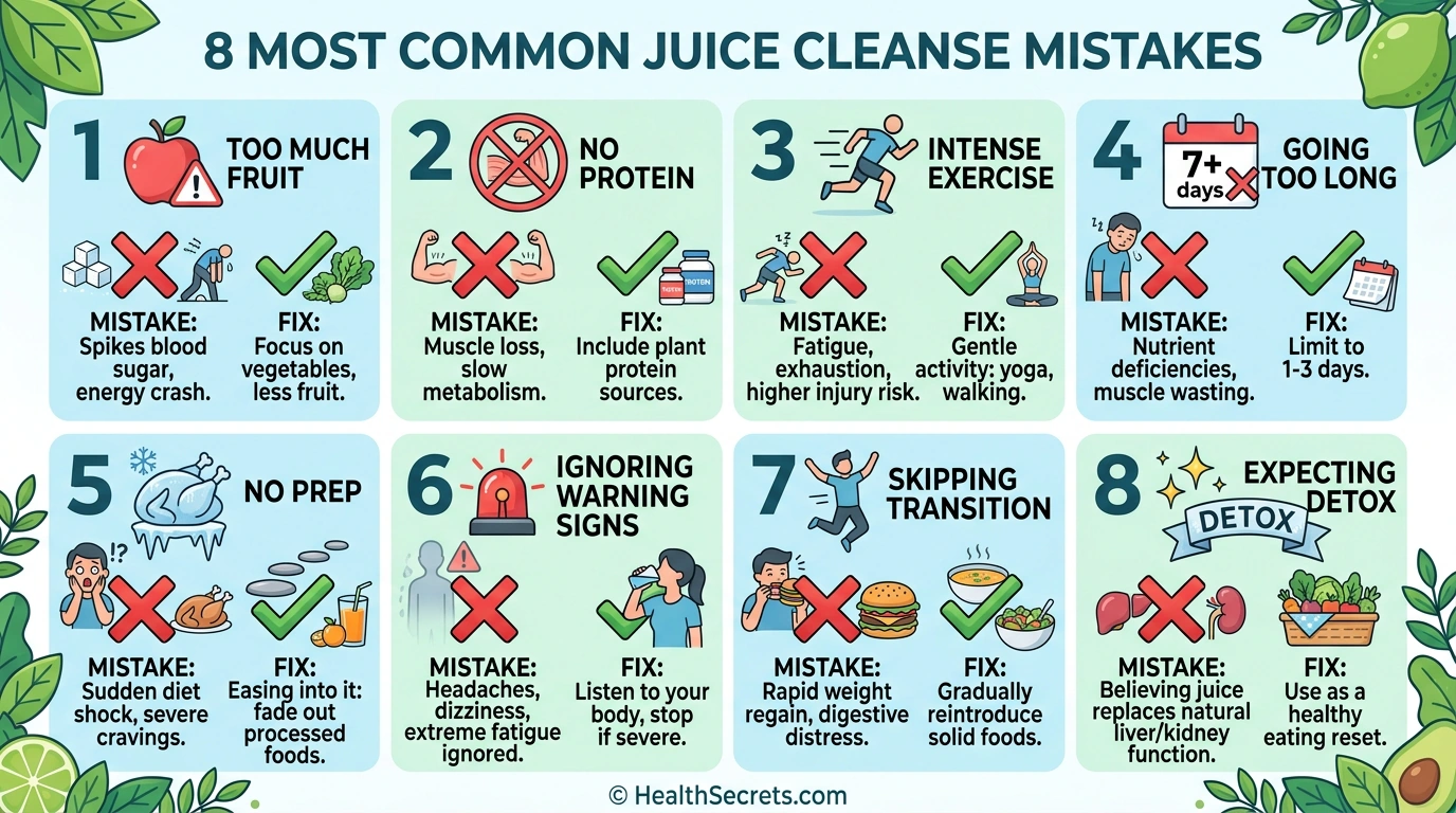 Visual guide showing eight common juice cleanse mistakes to avoid including too much fruit, no protein, intense exercise, and unrealistic detox expectations