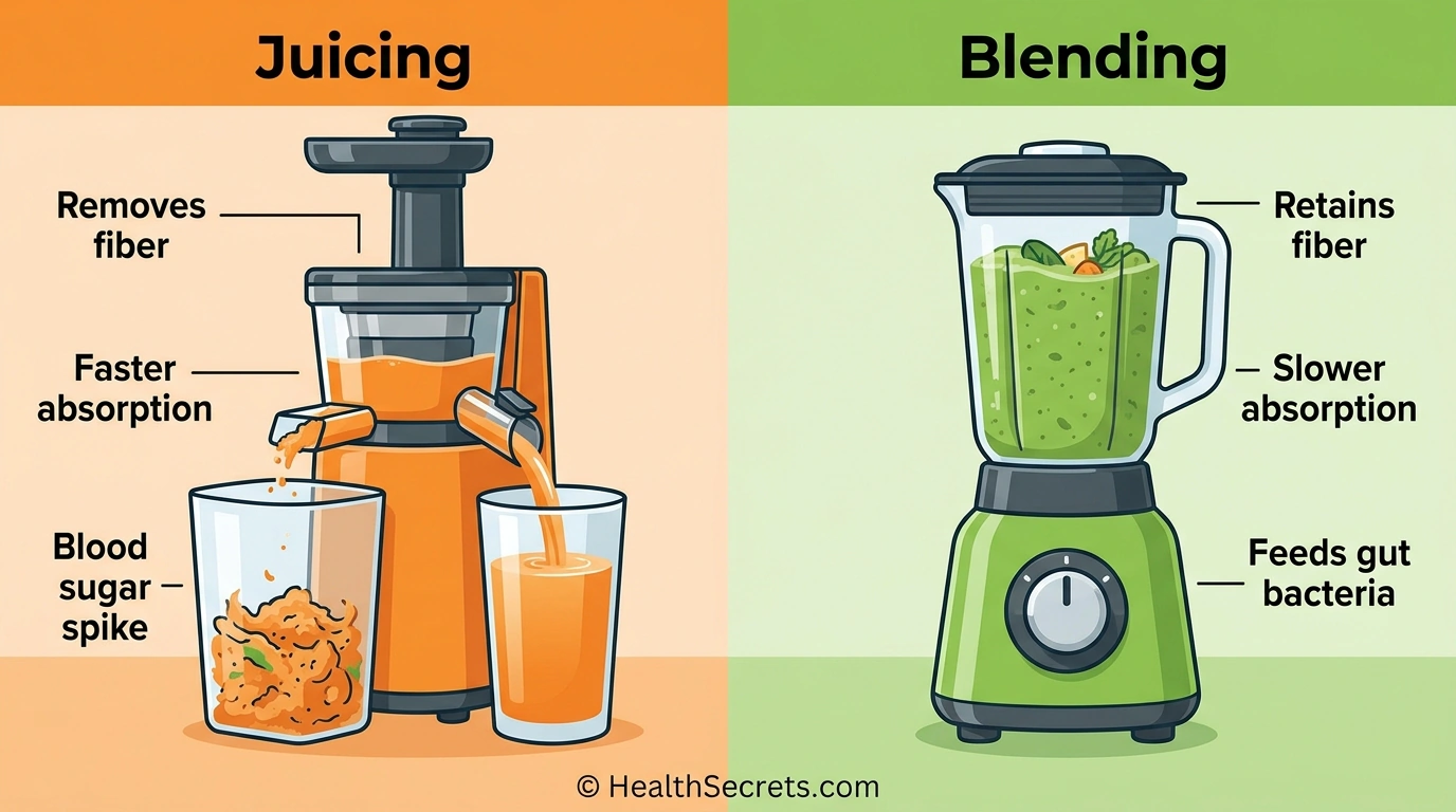 Side-by-side comparison of juicing versus blending showing that blending retains beneficial fiber while juicing removes it