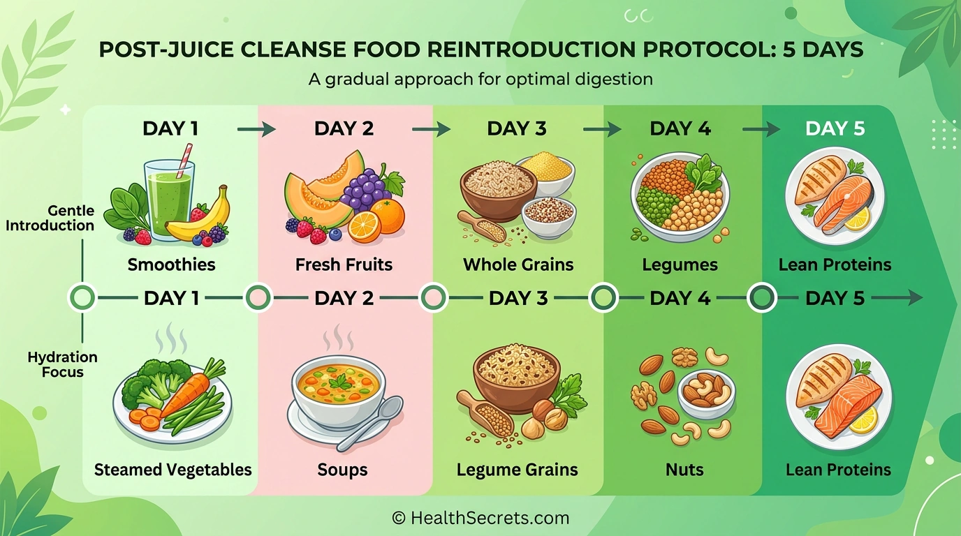 Five-day post-juice-cleanse transition timeline showing gradual reintroduction from smoothies and steamed vegetables to whole grains and lean proteins