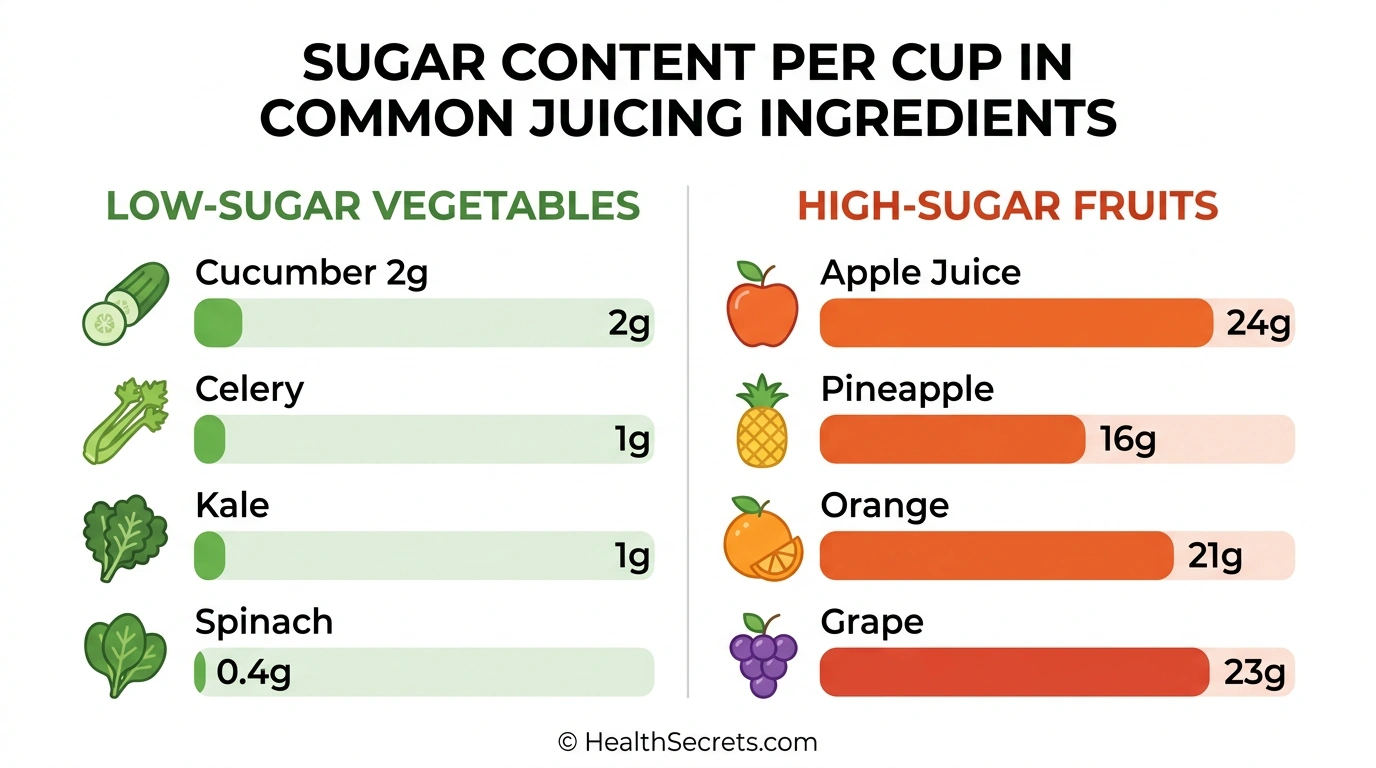 Sugar content comparison chart showing low-sugar vegetables versus high-sugar fruits commonly used in juice cleanses