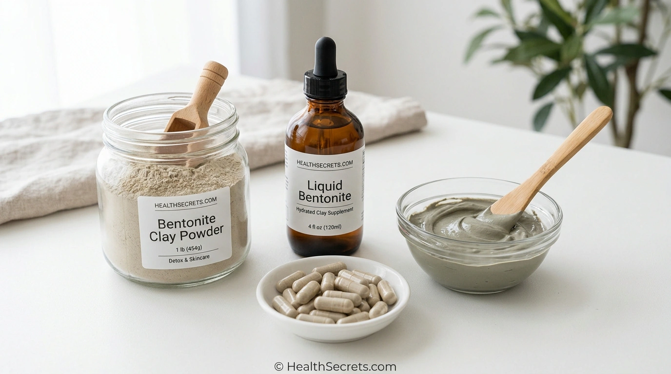 Various bentonite clay product forms including powder liquid capsules and prepared mask