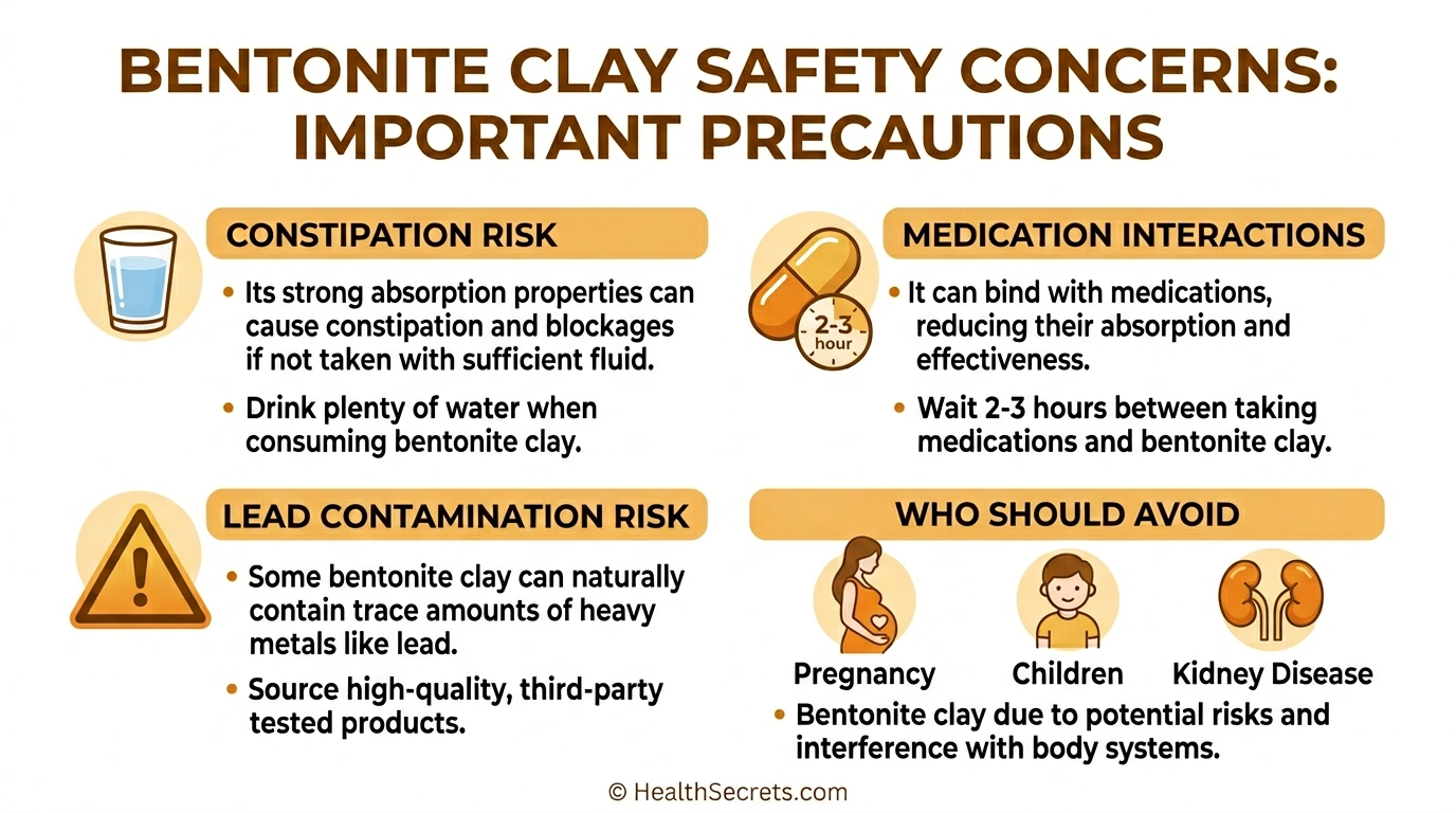 Bentonite clay safety warnings infographic showing side effects and contraindications