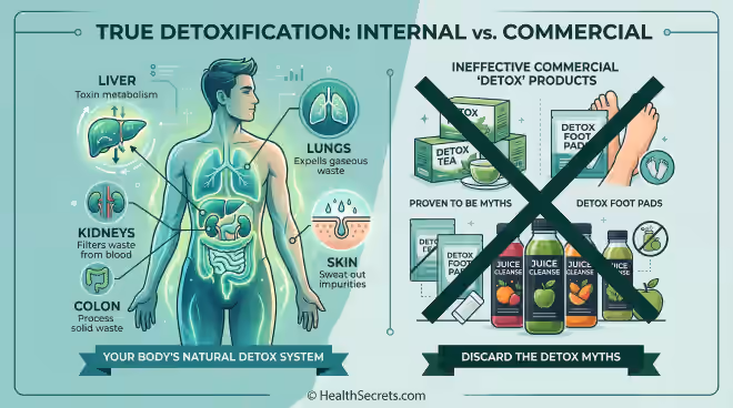 Infographic comparing the body's natural detoxification organs with debunked commercial detox products including teas foot pads and juice cleanses