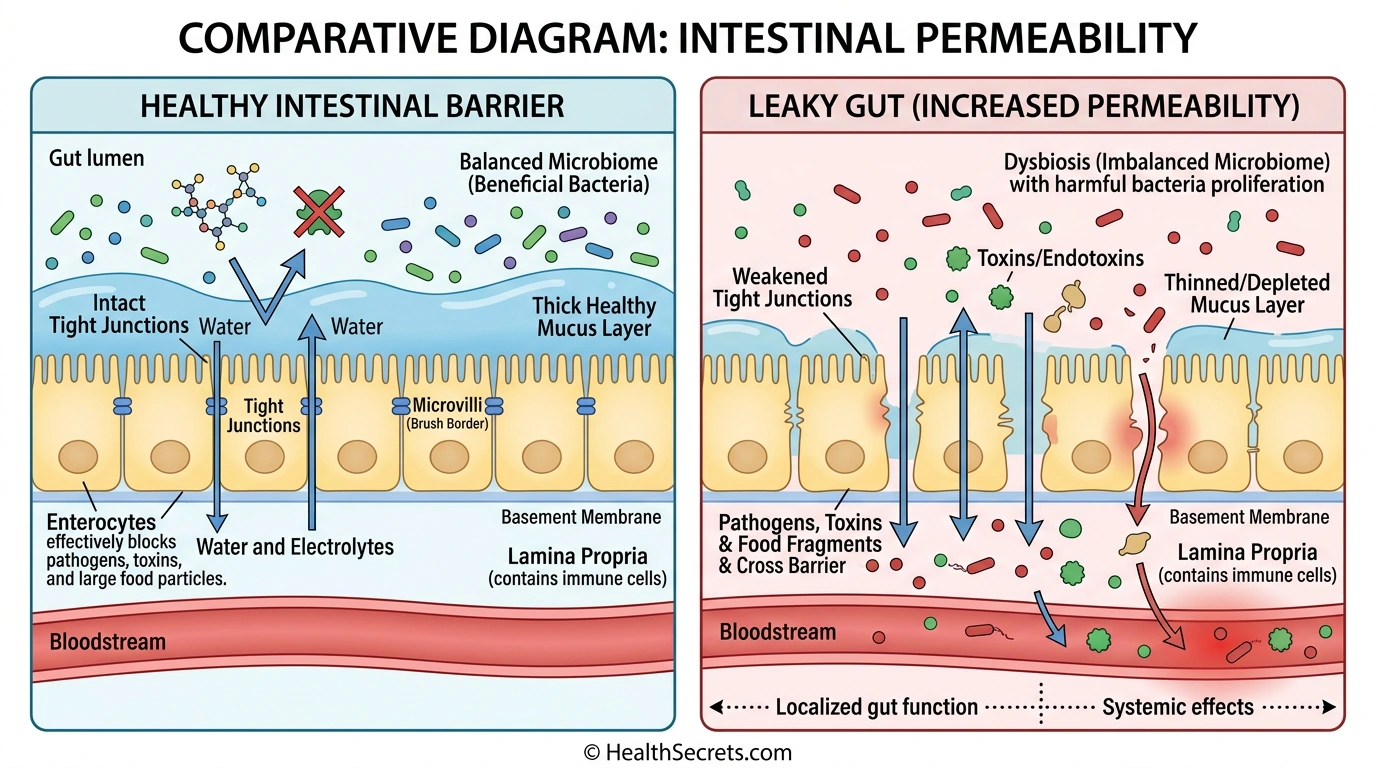 Diagram comparing healthy intestinal barrier with intact tight junctions versus leaky gut with weakened barrier allowing toxins to pass