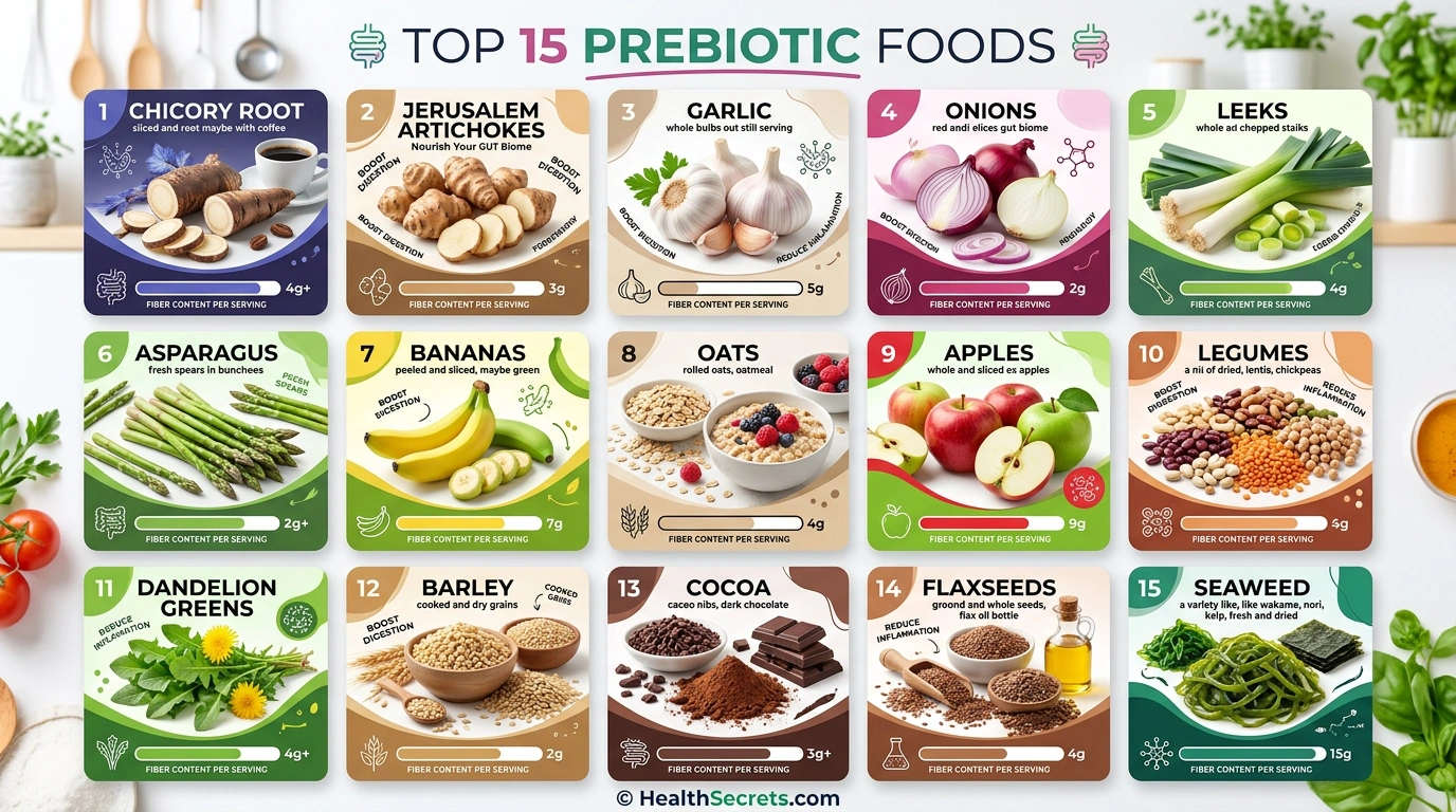 Top 15 prebiotic foods infographic showing fiber content per serving for gut microbiome support