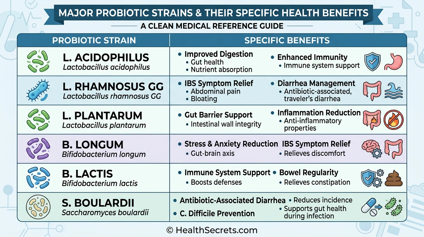 Probiotic strains infographic showing Lactobacillus and Bifidobacterium species with their specific health benefits