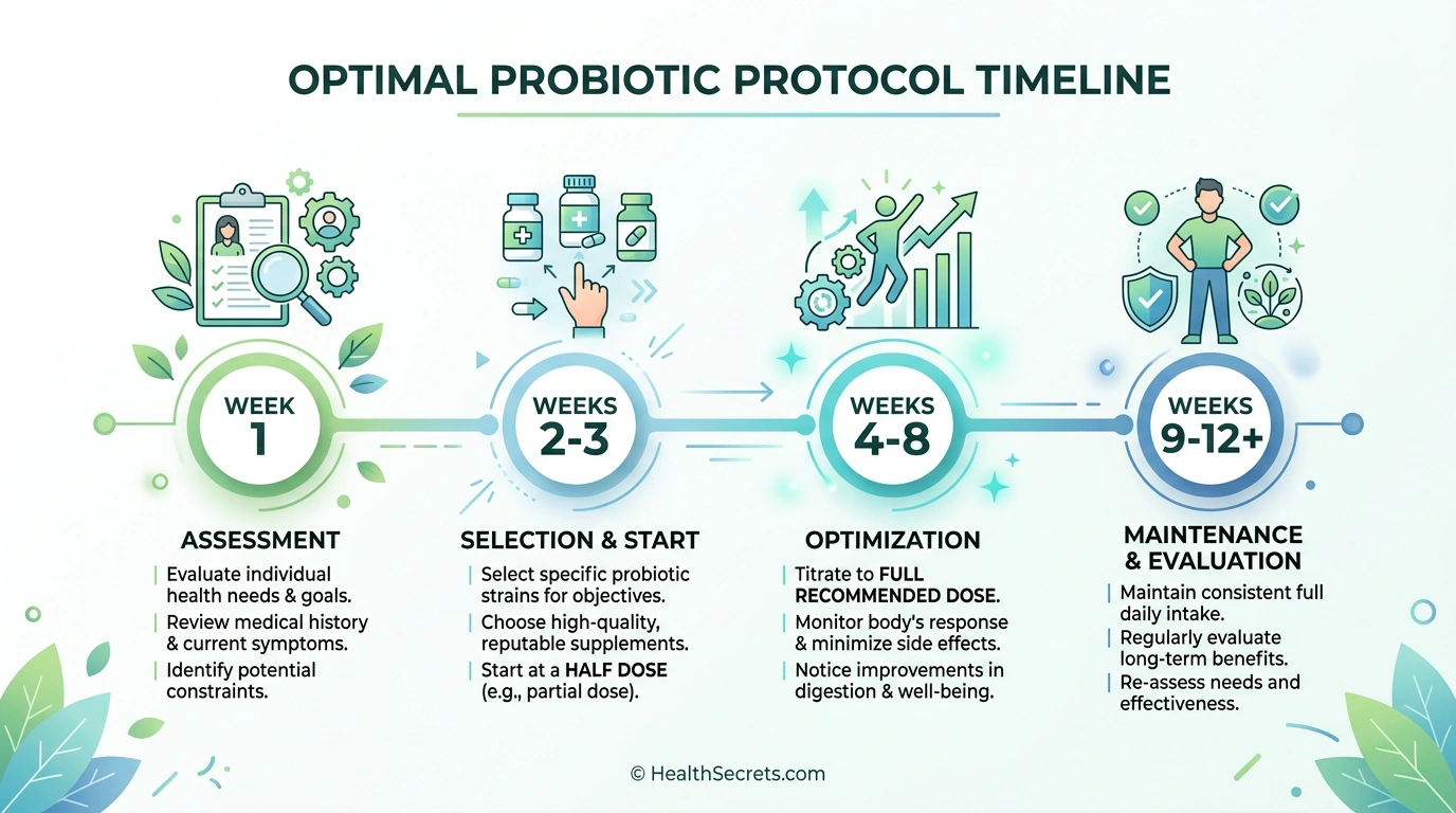 Timeline showing the four phases of starting a probiotic supplement protocol from assessment through maintenance