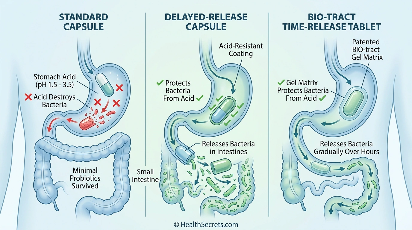 Diagram comparing probiotic delivery technologies showing how delayed-release and time-release protect bacteria from stomach acid