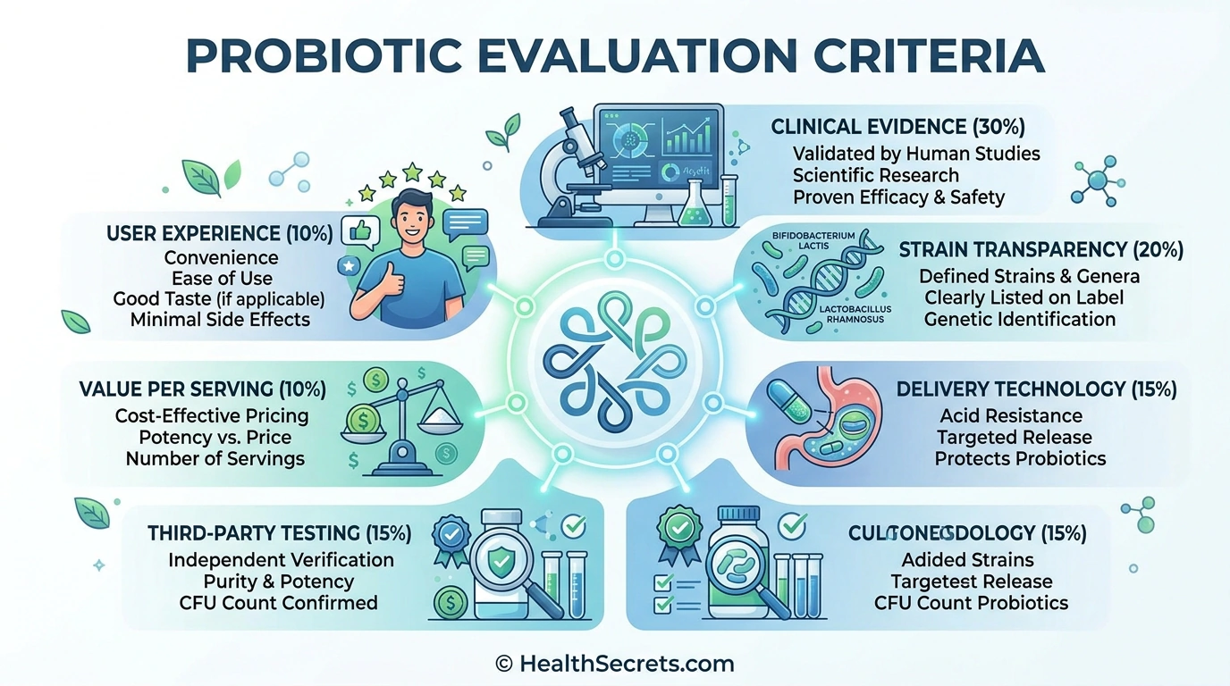Infographic showing the six weighted evaluation criteria used to rank the best probiotics for gut health