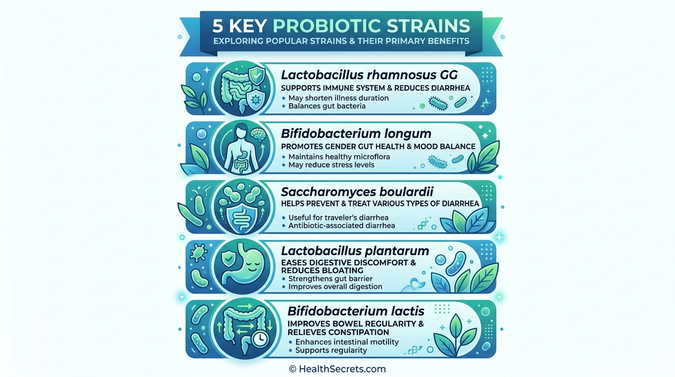 Infographic comparing five key probiotic strains and their primary health benefits for gut health