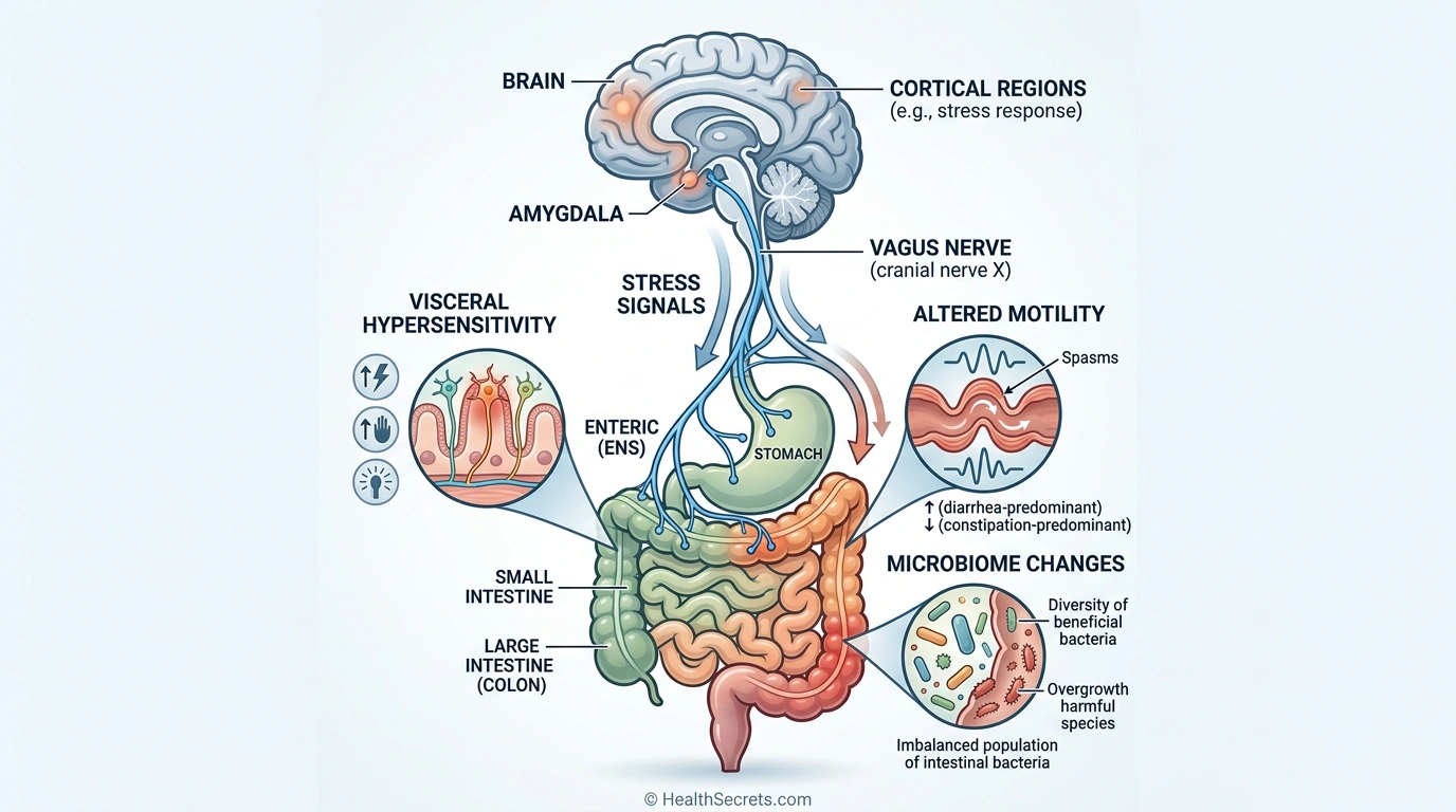 Gut-brain axis diagram showing how stress affects IBS through visceral hypersensitivity and altered motility