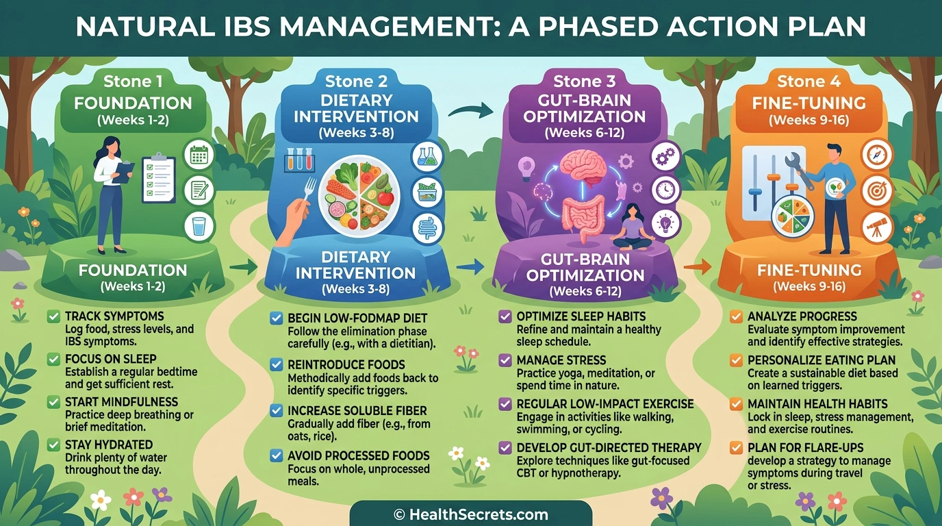 Natural IBS relief action plan showing four phases from foundation through dietary intervention to fine-tuning