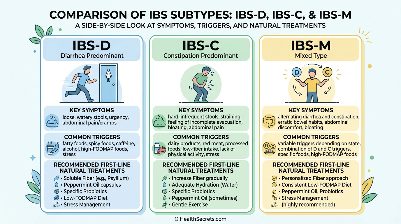 IBS subtypes comparison infographic showing IBS-D IBS-C and IBS-M symptoms triggers and treatments
