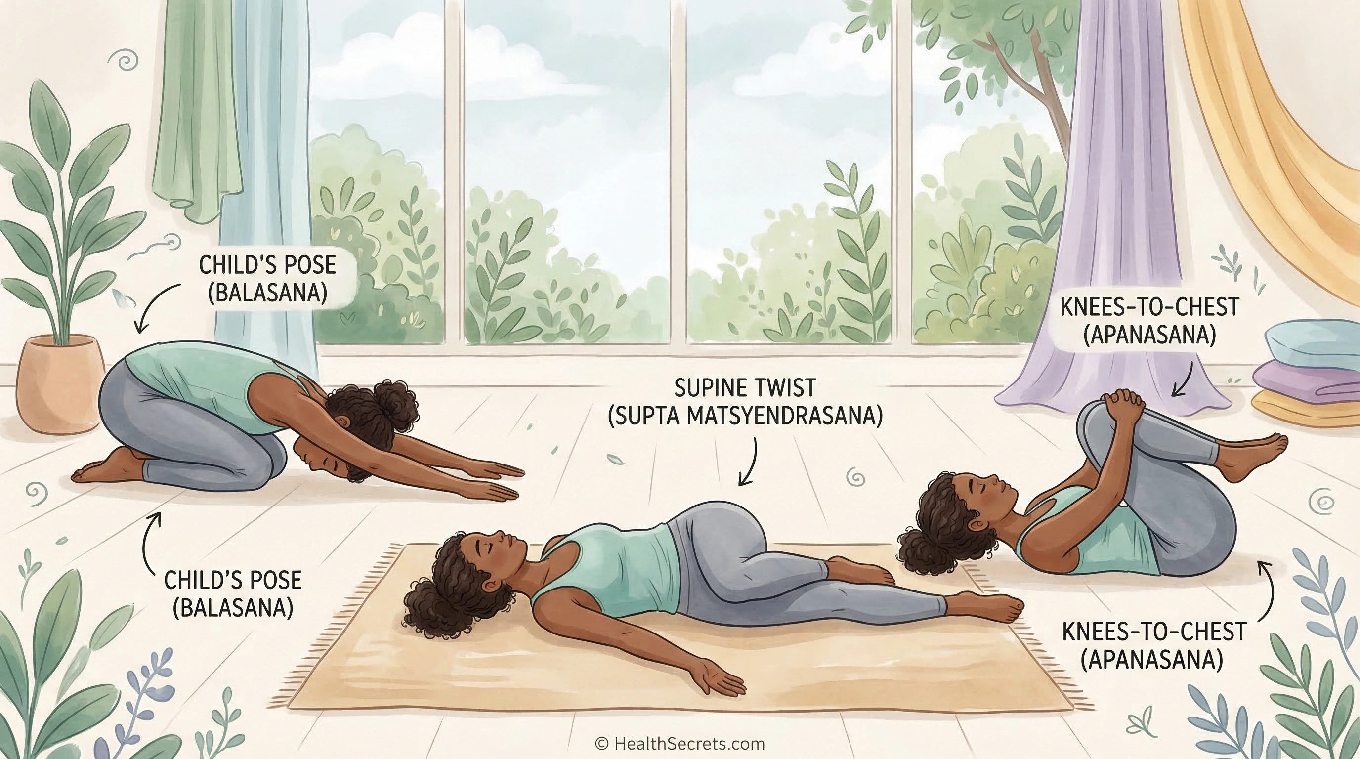 Gentle yoga poses for IBS relief including child pose supine twist and knees-to-chest