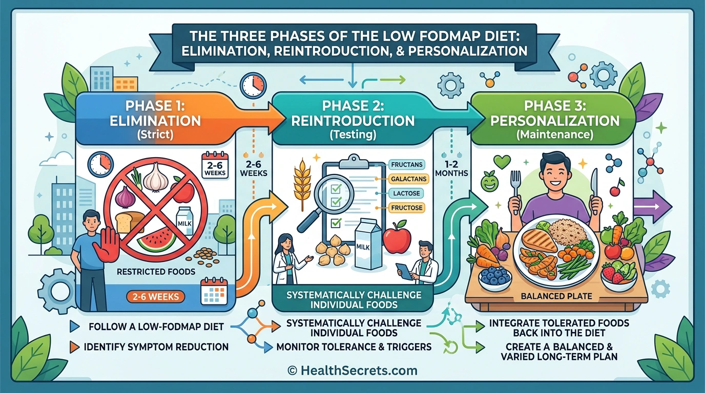 Low FODMAP diet three phases elimination reintroduction and personalization for IBS relief