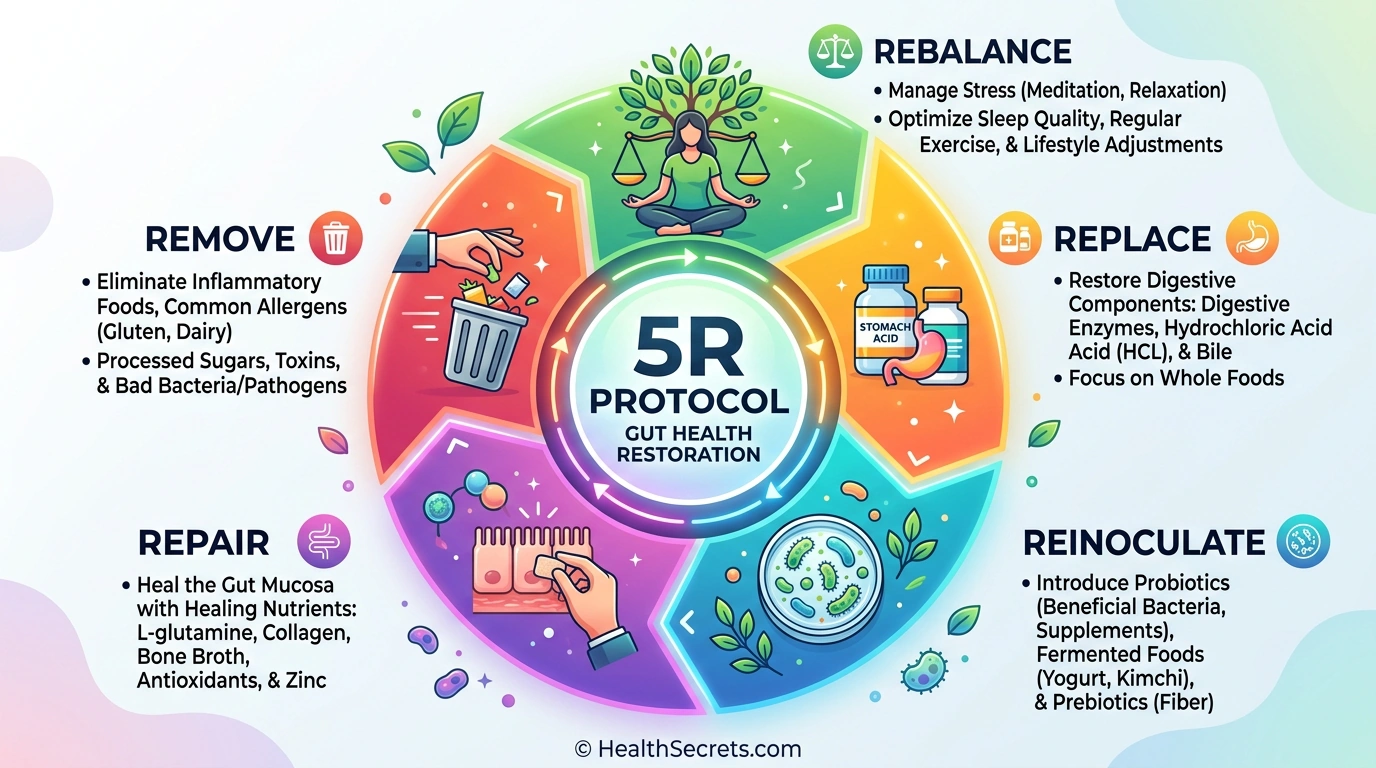 5R Protocol for healing leaky gut: Remove, Replace, Reinoculate, Repair, Rebalance with specific actions
