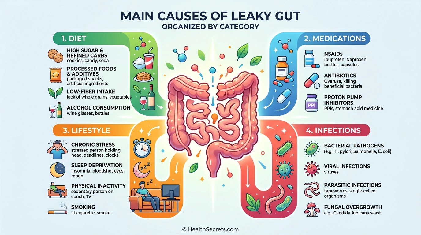 Main causes of leaky gut syndrome organized by dietary, medication, lifestyle, and infection categories